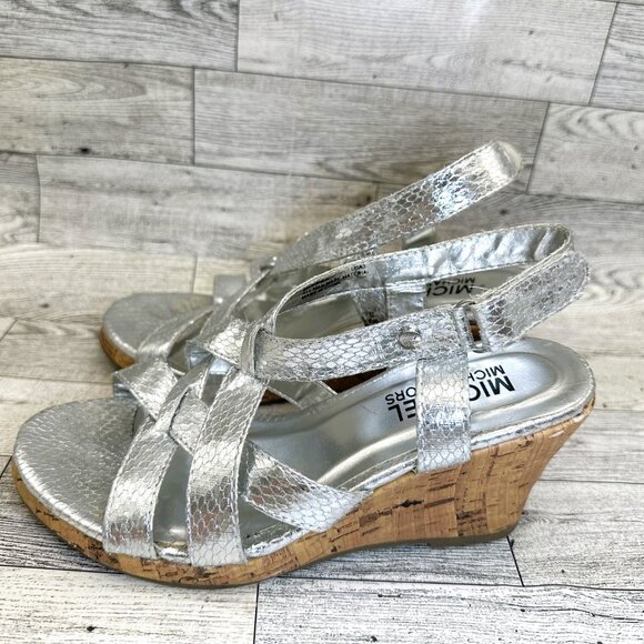 MICHAEL Michael Kors Girls Youth Silver Open Toe Cork Wedged Heel Sandals Size 3 - Picture 4 of 9